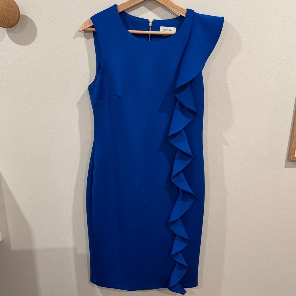 Calvin Klein Women’s Asymmetrical Royal Blue Dress Sleeveless Side Ruffle Size 8